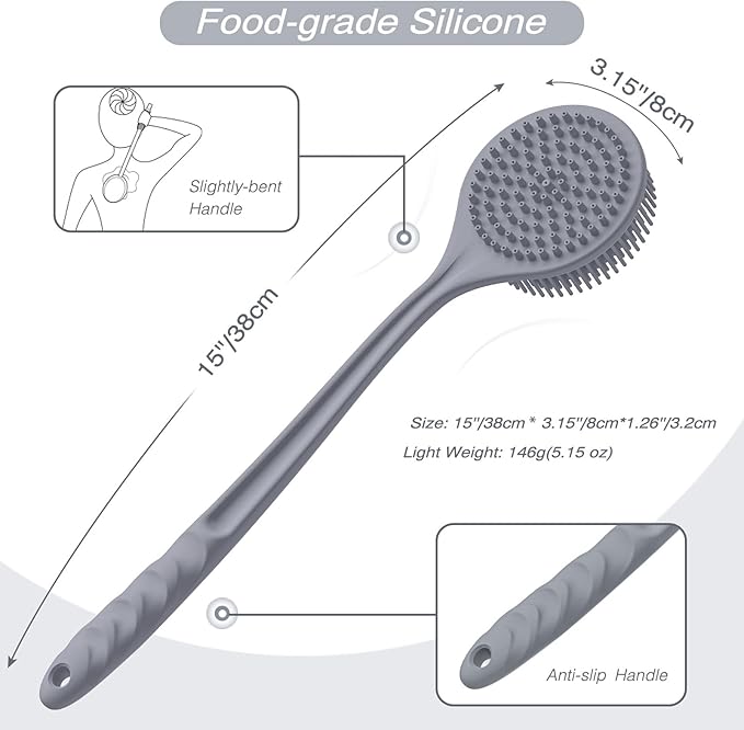 Manmihealth Silicone Back Scrubber(Thin Bristles) & Soft Bath Glove Set, Super-Cleaning Body Scrubber & Super-Lathering Shower Brush Combination, with a Free Hook. (Gray)