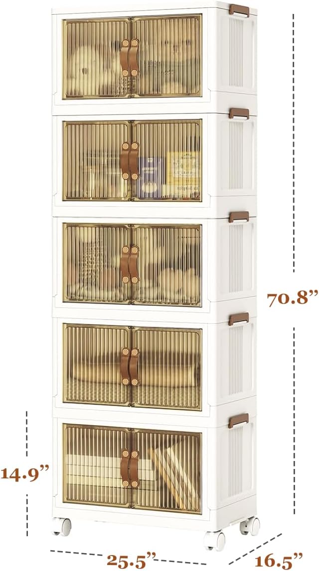 5-Tier Storage Bins with Wheels, Large Stackable Storage Bins Open Front, Foldable Plastic Containers, Clear Plastic Stackable Organizer Boxes, 450 QT Capacity, White (5 Tier, 25.8″)