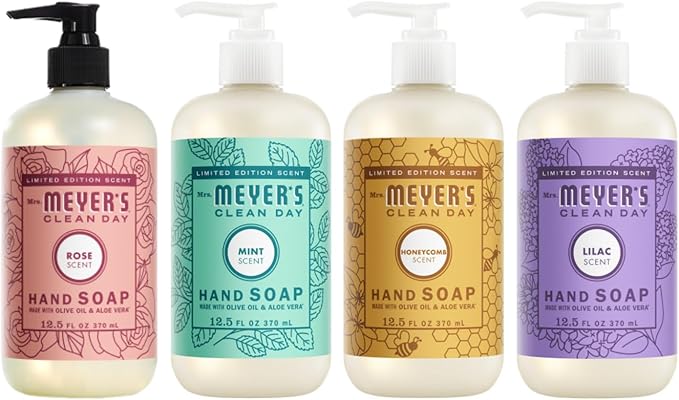 Mrs. MEYER'S Clean Day Liquid Hand Soap Variety Pack 12.5 Fl Oz Each, 1 CT (Rose + Lilac + Mint + Honeycomb)