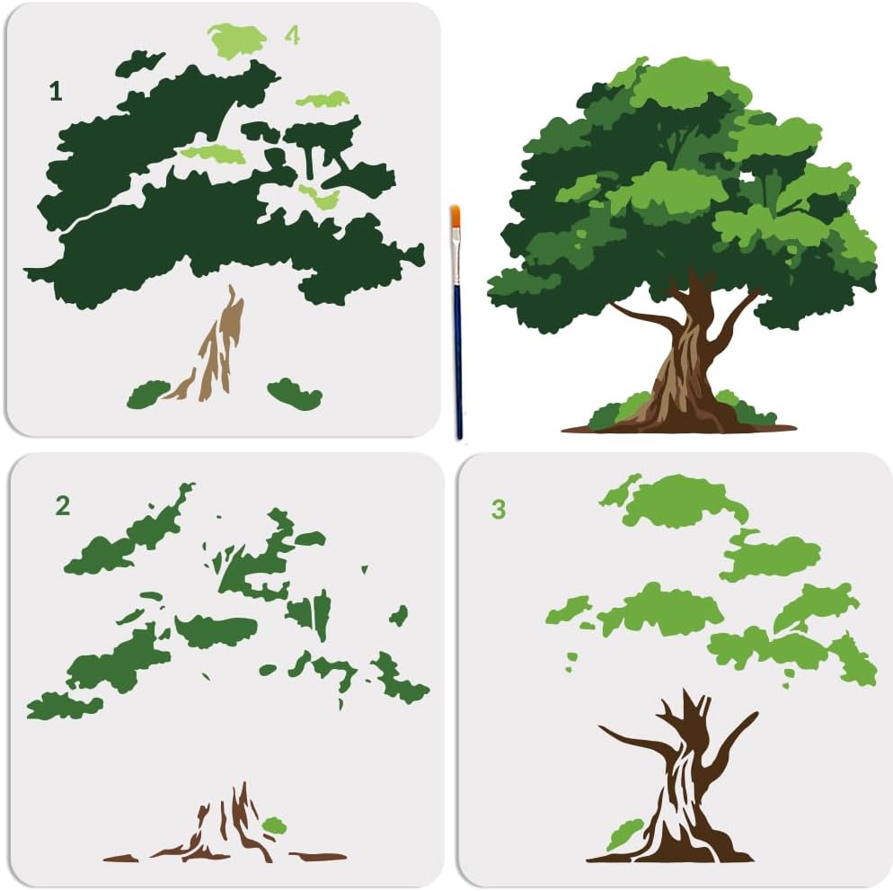 MAYJOYDIY 3pcs Layered Tree Stencil Template 11.811.8inch Large Natural Hierarchical Stencil Reusable Lush Branch Drawing Templates With Paint Brush for Furniture Home Decor DIY Crafts