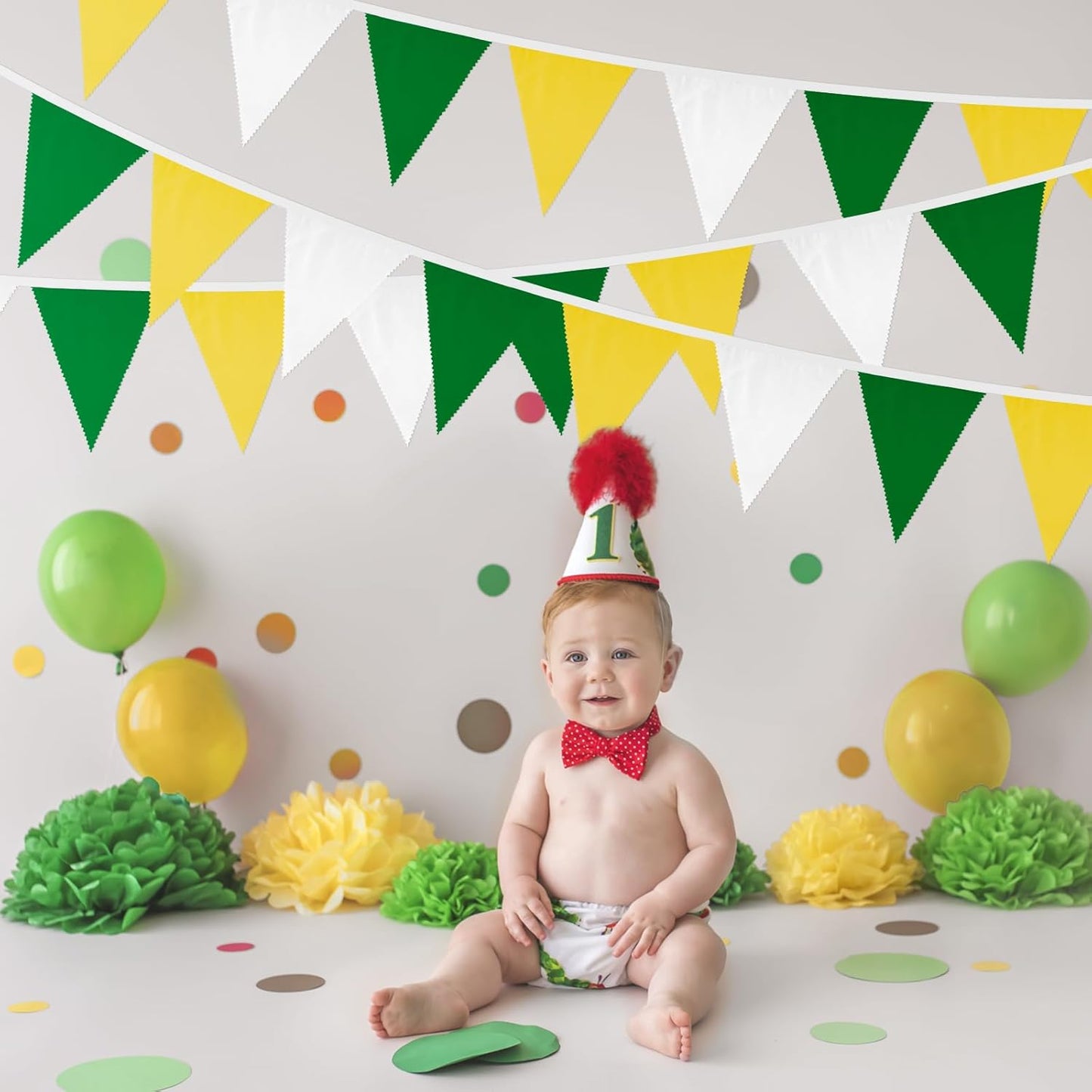 jijAcraft 39Ft Yellow Green White Banner, Golf Party Decor Triangle Flag, Tea Party Fabric Bunting Garland, Partys Decor Pennant Hanging Banner for Spring Summer, Birthday, Wedding