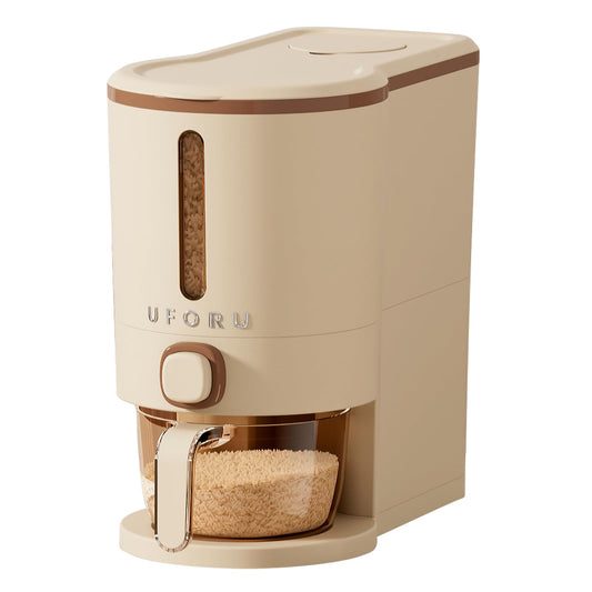 UFORU Rice Dispenser, Rice Storage Container with Measuring Cup for Kitchen Pantry Household, Cereal Dry Food Storage Containers Airtight, Sealed Moisture Proof (Brown 11 Lbs)