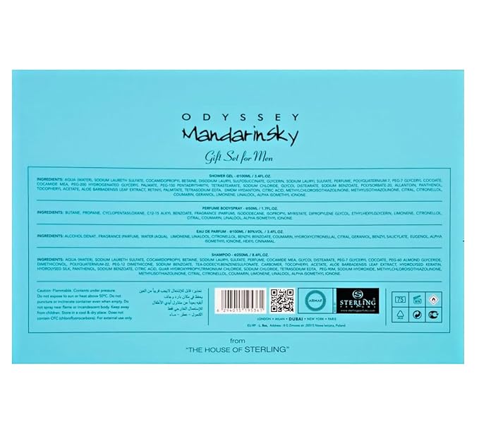 Armaf Odyssey Mandarin Sky – Citrus, Amber, Vanilla – 4-Piece Gift Set for Men (3.4 oz Eau de Parfum + 3.4 oz Shower Gel + 1.7 oz Body Spray + 8.4 oz Shampoo)