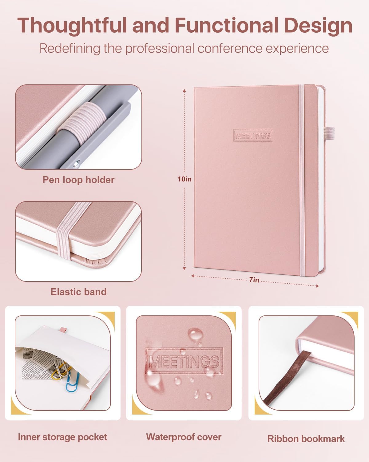 WEMATE Meeting Notebook for Work, Work Planner Notebook With Action Items, B5 Size Project Planner, Easily Take Meeting Notes & Keep Agendas on Track, Calender, Index Page, Inner Pocket, 7×10 Inch, Pink