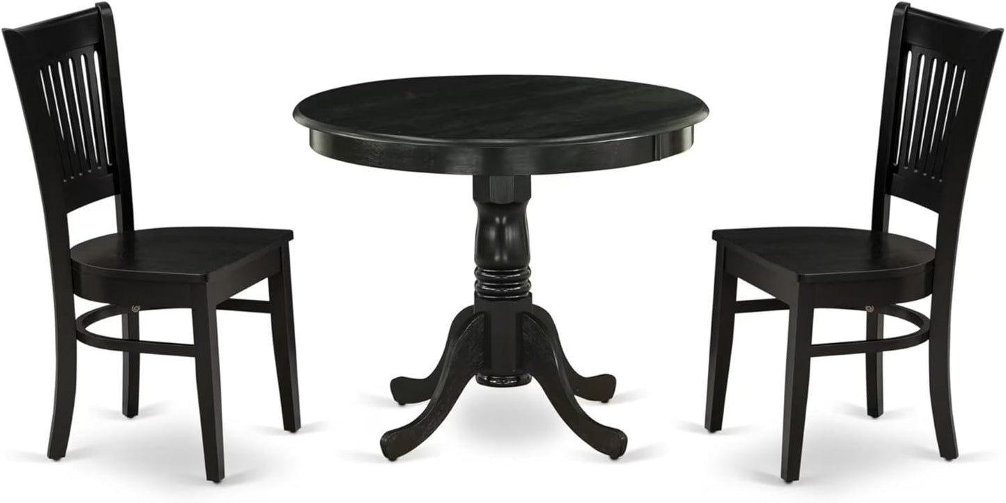 East West Furniture ANVA3-BLK-W 3 Piece Kitchen Table Set for Small Spaces Contains a Round Dining Room Table with Pedestal and 2 Dining Chairs, 36x36 Inch, Black