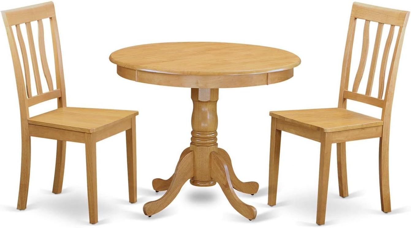 East West Furniture ANTI3-OAK-W 3 Piece Dining Set Contains a Round Kitchen Table with Pedestal and 2 Dining Room Chairs, 36x36 Inch, Oak