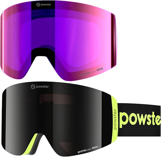 Powster Ski Goggles Snow OTG Snowboard Goggles Magnetic Interchangeable Lens Frameless UV Protection Anti-fog mobile Skating