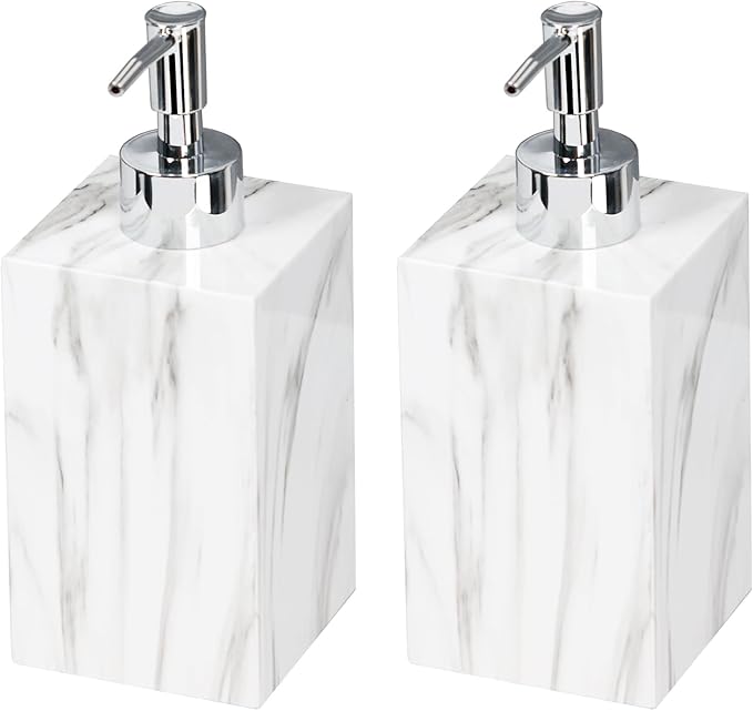 2-Pack Marble Look Resin Soap Dispensers, 16.9 oz Refillable Lotion Pump Bottles for Bathroom, Kitchen, Vanity, Office Sink Countertops – Durable, Moisture-Resistant Home Décor (White)