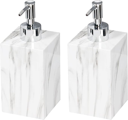 2-Pack Marble Look Resin Soap Dispensers, 16.9 oz Refillable Lotion Pump Bottles for Bathroom, Kitchen, Vanity, Office Sink Countertops – Durable, Moisture-Resistant Home Décor (White)