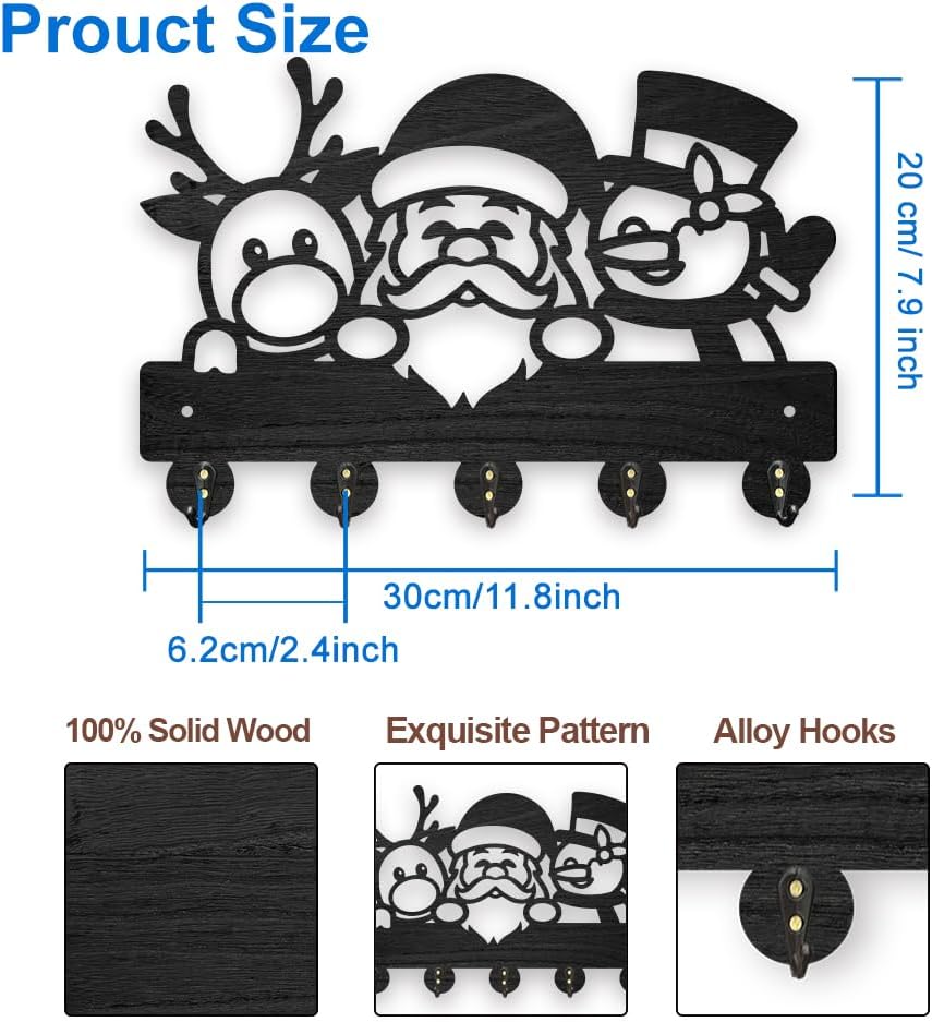 MAYJOYDIY Christmas Deer Santa Claus Snowman Coat Hooks Wood Key Holder for Wall 11.8×7.9inch Black Winter Key Hooks Rack 5 Alloy Hooks Christmas Home Decor Gifts Entryway Kitchen Bathroom Storage