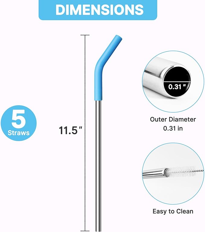 Stainless Steel Straws for 30 oz YETI Tumbler,9.5" Metal Reusable Replacement Straight Drinking Straws for Simple Modern/Meoky 24 oz Tumbler,5 Silicone Tips