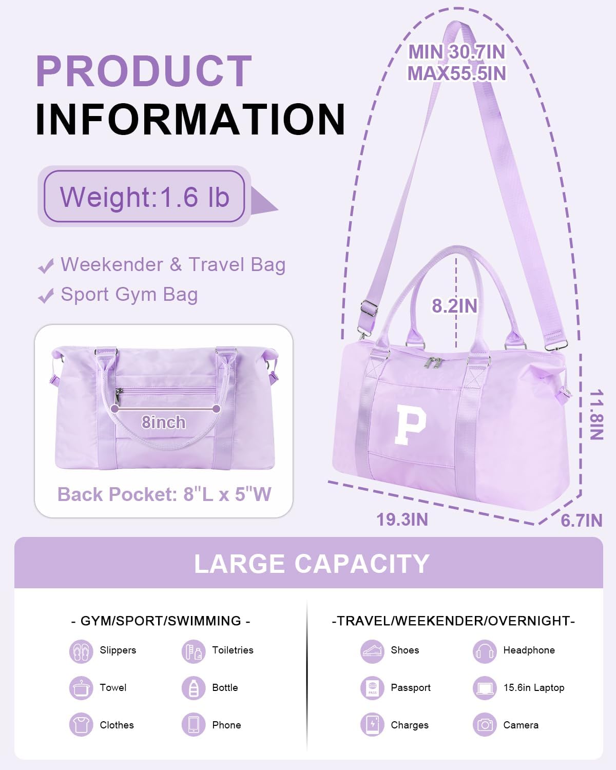 Daughter Niece Gifts for Teen Girl Kids, Initial Travel Duffel Bag Sports Gym Bag Personalized Gifts Weekender Bag，Monogram Overnight Bag Cute Dance Bag Birthday Bridesmaid Gifts for Women(Purple, P)