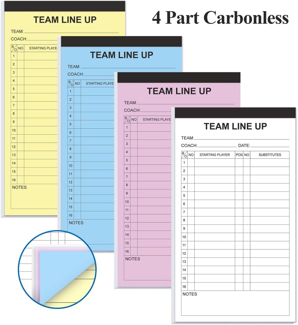 Baseball/Softball Lineup Cards, 4 Part Carbonless, 32 Player Roster Line up Sheets for Coaches, Team, Sports, 4.5" x 8"