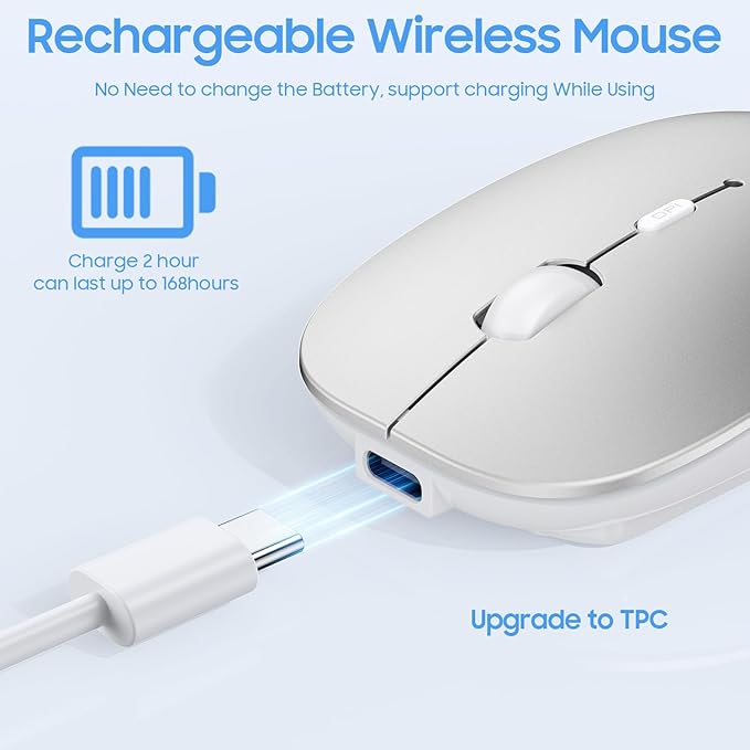 SUNGI Bluetooth Mouse for Laptop/MacBook/iPad/Android PC,Rechargable Quiet Slim Wireless Mice for Chromebook Notebook Windows/Linux/Tablet,Black,Silver