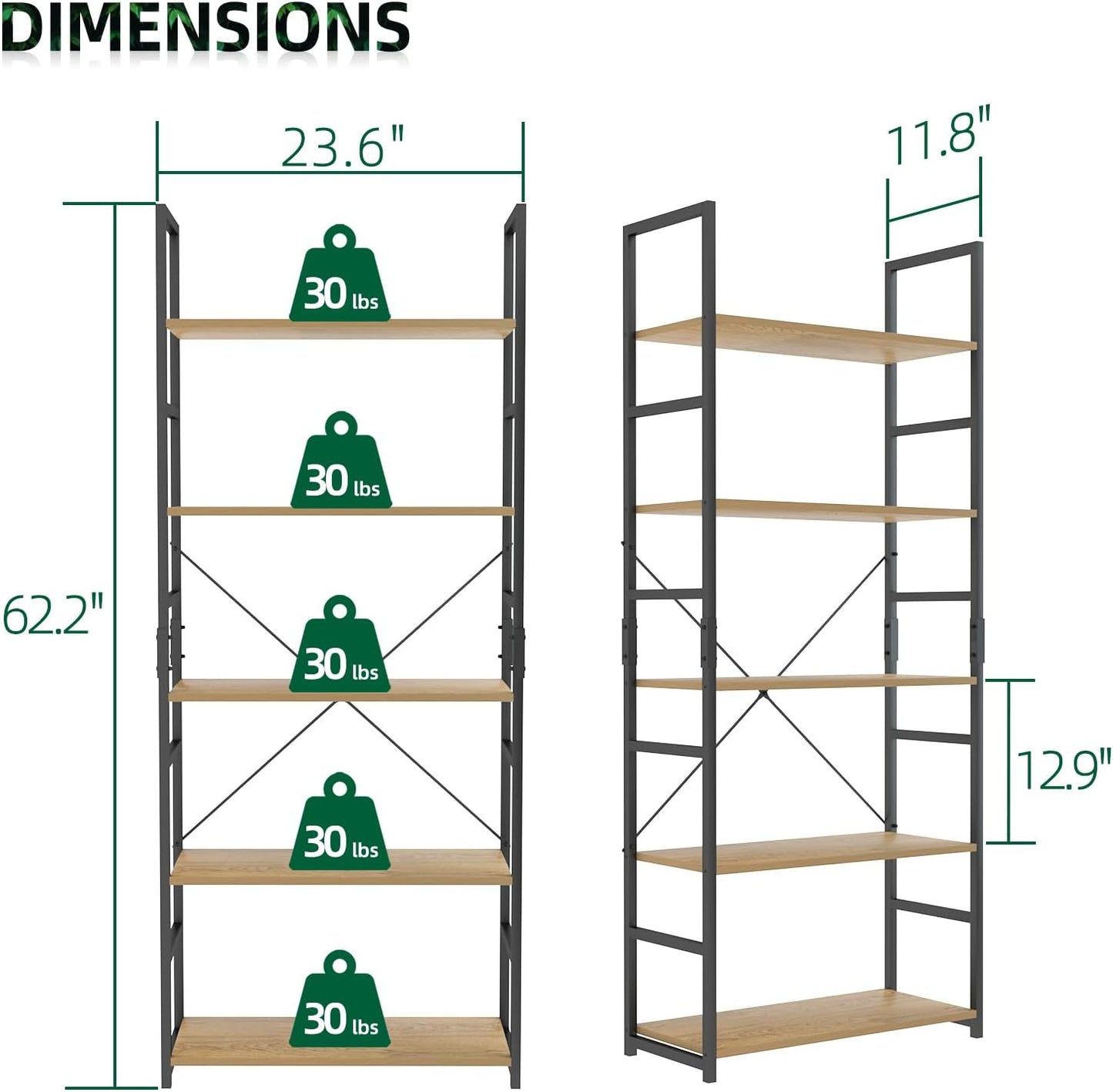OTK 5 Tier Bookshelf, Tall Bookcase, Office Shelf Storage Organizer, Modern Book Shelf for Living Room, Bedroom, and Home Office, Natural