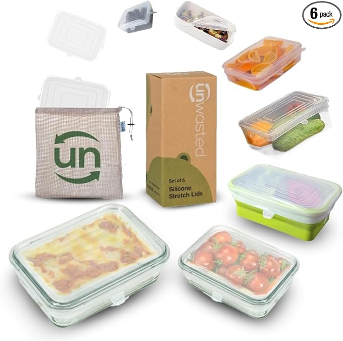 unwasted Reusable Silicone Lids (Variety Pack) – Upgrade Your Kitchen Gadgets with Our Rectangular Covers for Food Storage – Reusable Silicone Stretch Lids and Food Covers for Containers (Pack of 6)