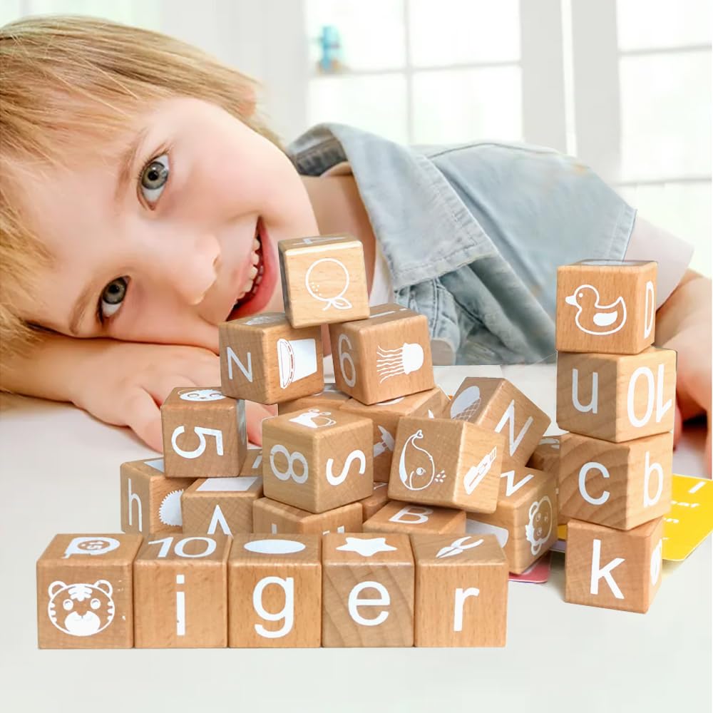 ANWoRLeT Wooden Blocks,28 ABC Building Blocks,Wooden Alphabet Baby Blocks,Counting & Building Block Set,Blocks Toys for 3+ Year Old,1.18inch,Gifts