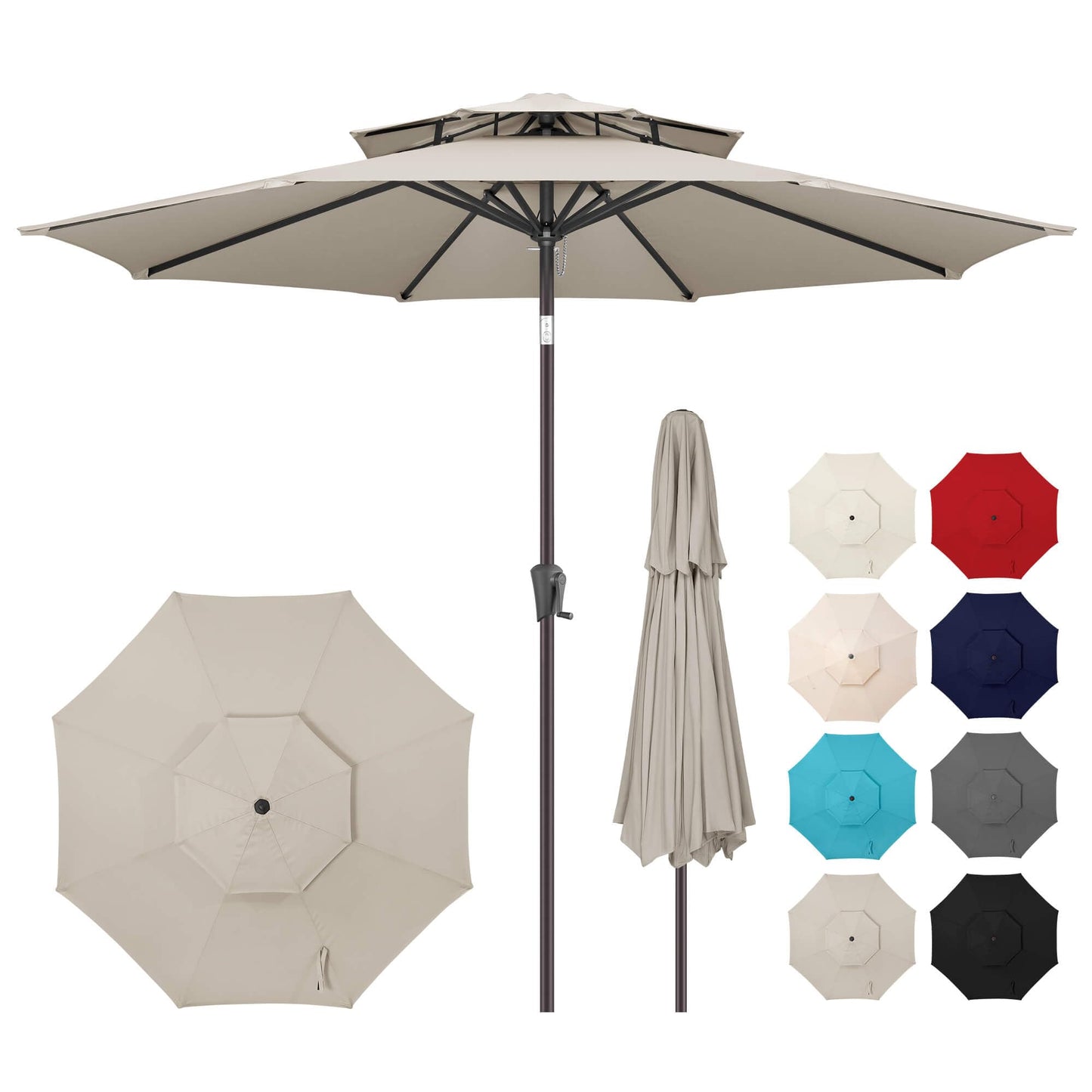 AckMizz 9ft Outdoor Patio Umbrella - 2-Tier Table Umbrella Waterprool UV Protection, Sombrillas de Patio with Push Button Tilt, Sun Umbrella for Pool, Porch, Garden, Backyard (Taupe)