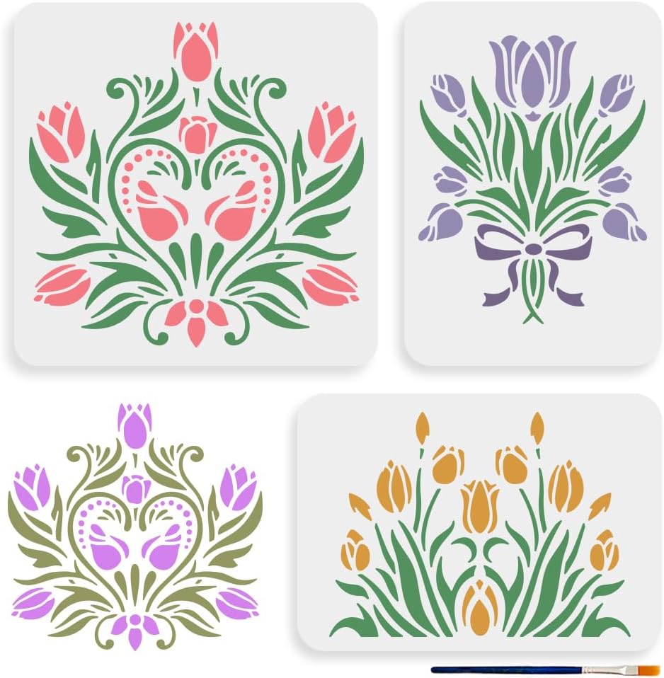 MAYJOYDIY Tulip Stencils for Painting, 11.8 x 11.8 inches, 3 Piece Set with Paint Brush for Home Wall Wood Decor