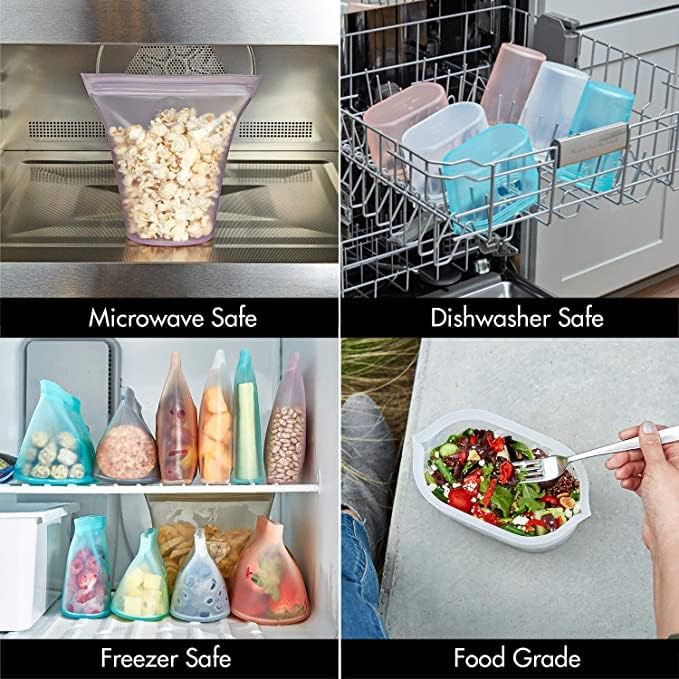 Zip Top Reusable Food Storage Bags | 3 Bag Set [Frost] | Silicone Meal Prep Container | Microwave, Dishwasher and Freezer Safe | Made in the USA