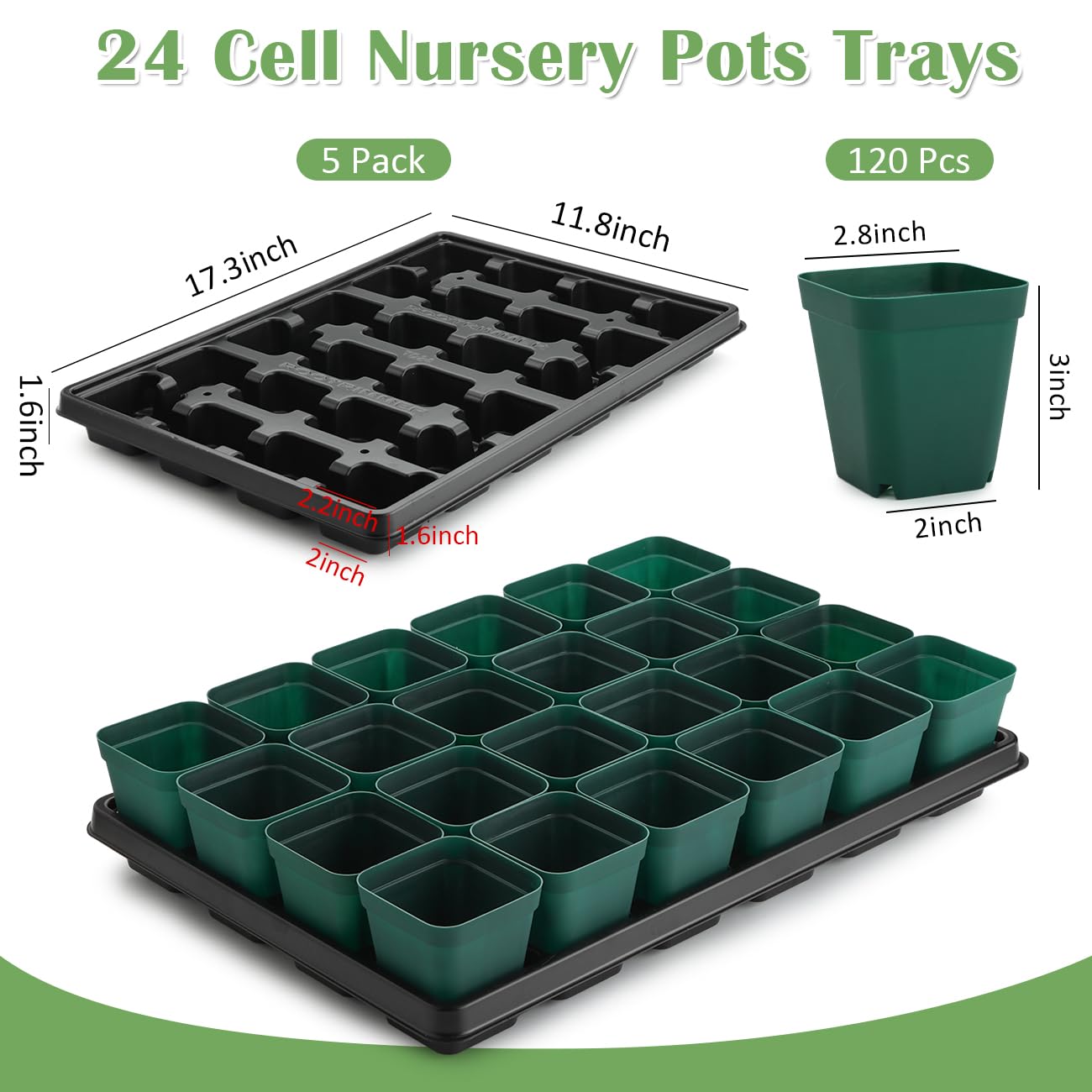 RooTrimmer 2.8 inch (7CM) Square Nursery Pots 120pcs (Green) and 24 Cell Nursery Pots Trays 5 Pack, Plastic Seedling Starter Tray with Drain Holes for Carrying and Holding Plant Pot(17"x11"x1.6")