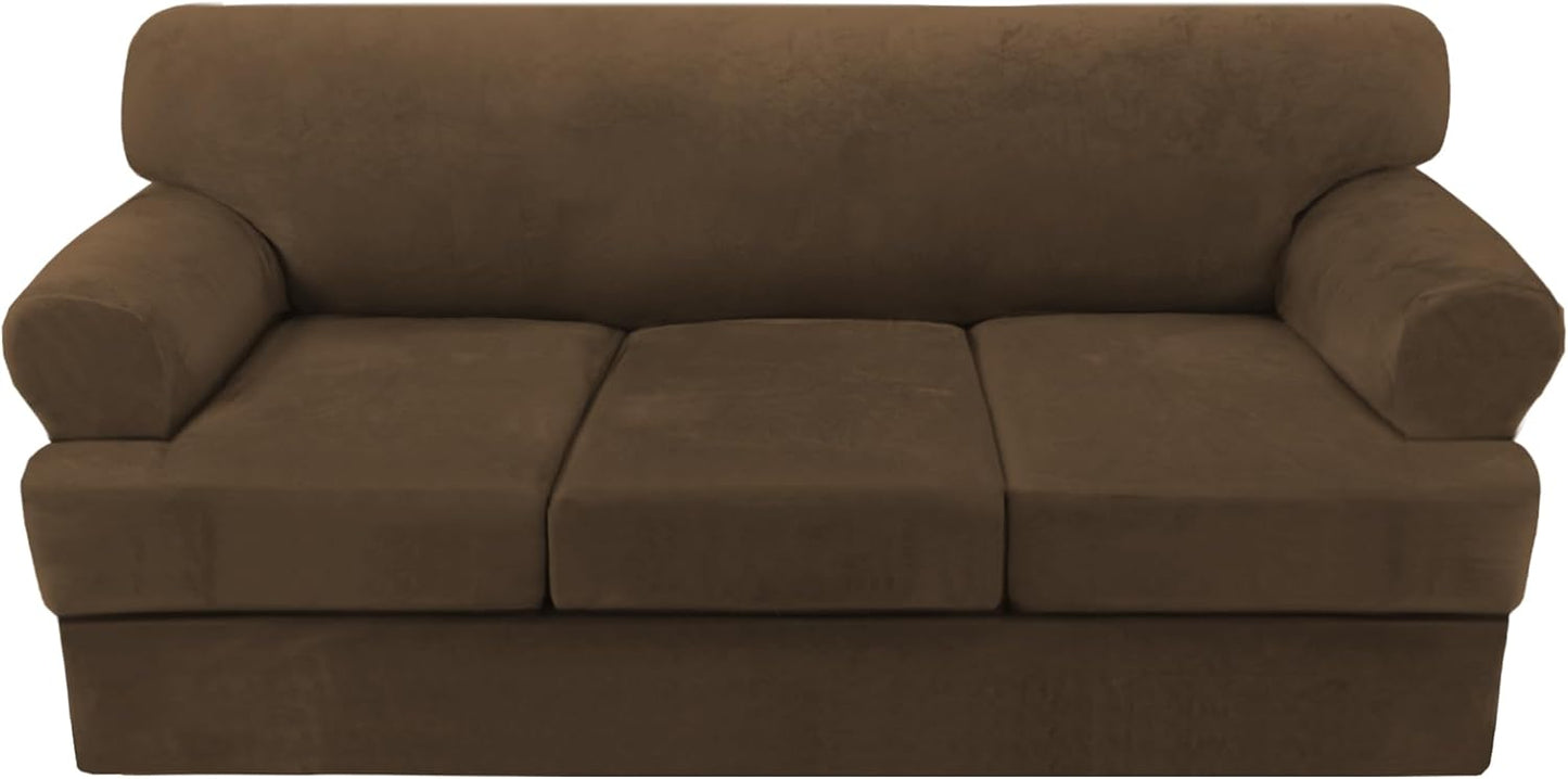 H.VERSAILTEX Sofa Cover 4 Piece T Cushion Sofa Slipcovers Thick Velvet Couch Cover Stretch T Cushion Sofa Covers for 3 Cushion Couch with 3 Individual T Cushion Covers, Bronze Brown