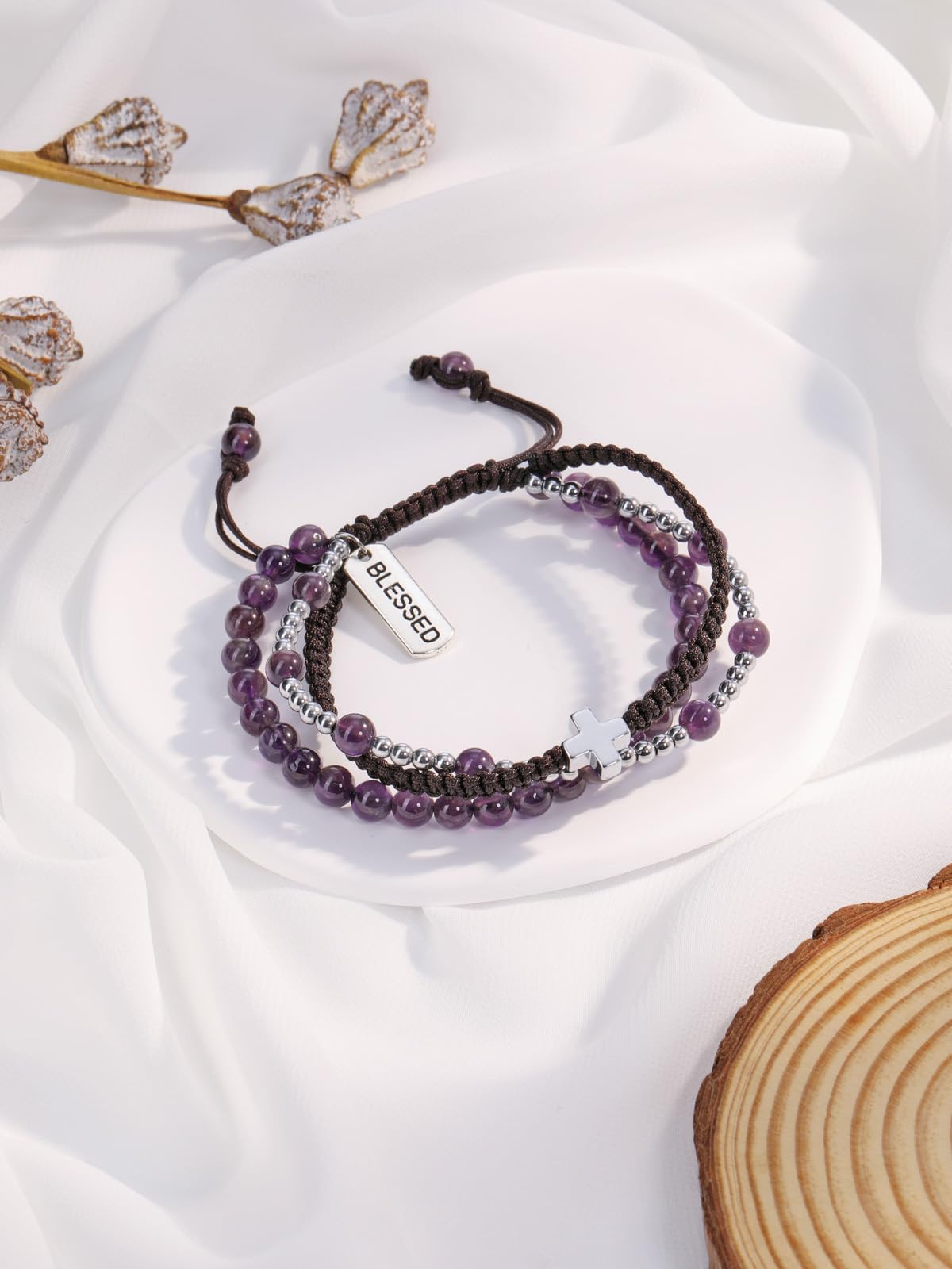 Top Plaza Healing Amethyst Crystal Bracelets for Women Men Cross Bracelet 3 in 1 Handmade Natural Gemstone Beads Bracelet Blessed Bracelets Braided Protection Jewelry Gifts