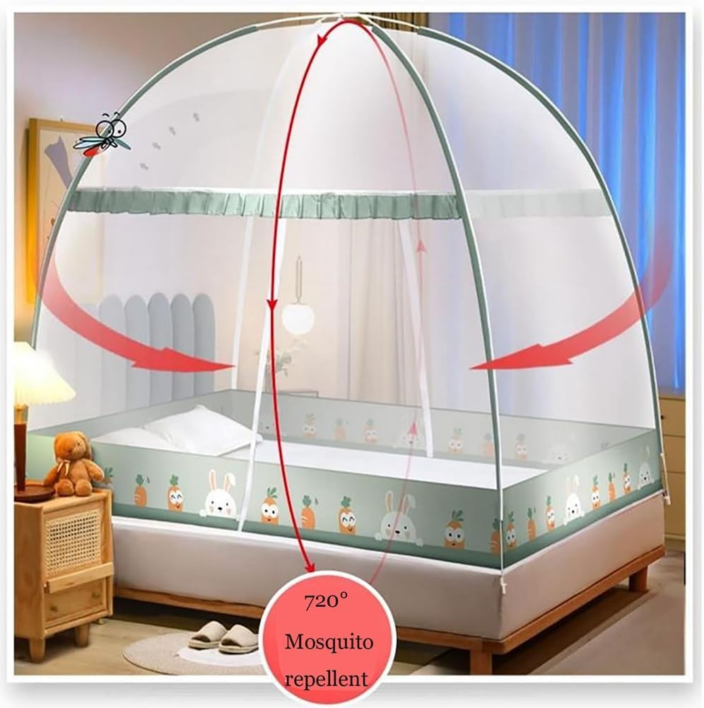 Pop-Up Mosquito Net Tent for Beds Portable Folding Canopy with Net Bottom, Fits Twin to King Size 79x71x59inch, Easy Install Wash for Baby Adults, Indoor Outdoor Use (Pink Rabbit-Queen Bed)