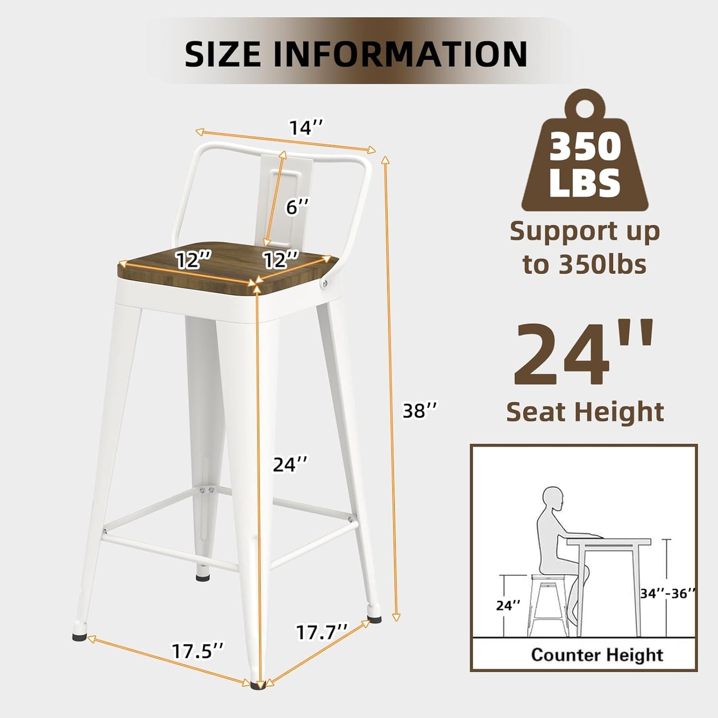 White Bar Stools Set of 4, Metal Bar Stools with Wooden Seat, Modern 24”Counter Height Barstools with Low Back