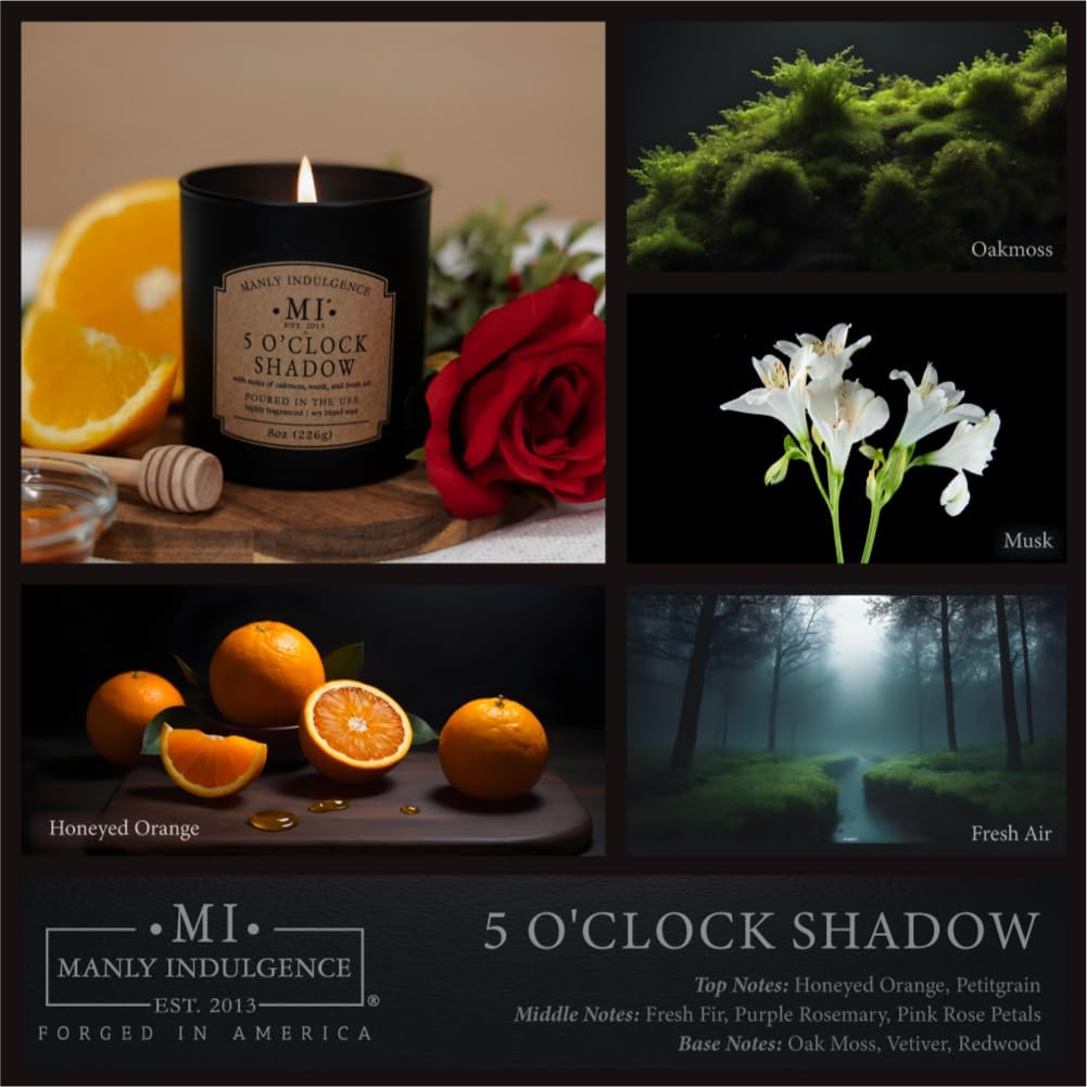 Manly Indulgence 5 O'Clock Shadow Scented Candles for Men, Premium Soy Blend Wax, 45H Burn, Candles for Home Scented, Gift-Ready Packaging - Made in The USA