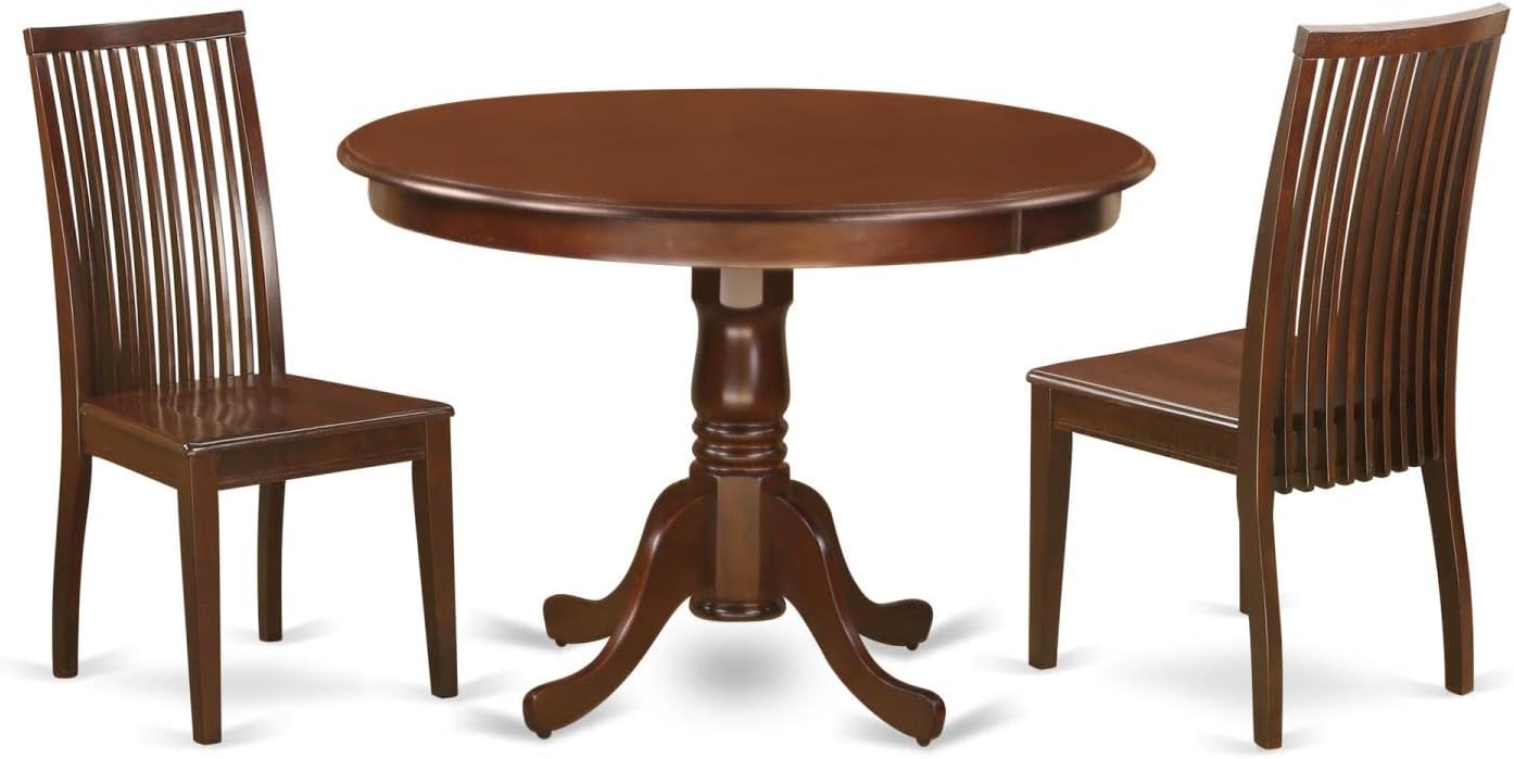 East West Furniture HLIP3-MAH-W 3 Piece Modern Dining Table Set Contains a Round Wooden Table with Pedestal and 2 Dining Chairs, 42x42 Inch, Mahogany