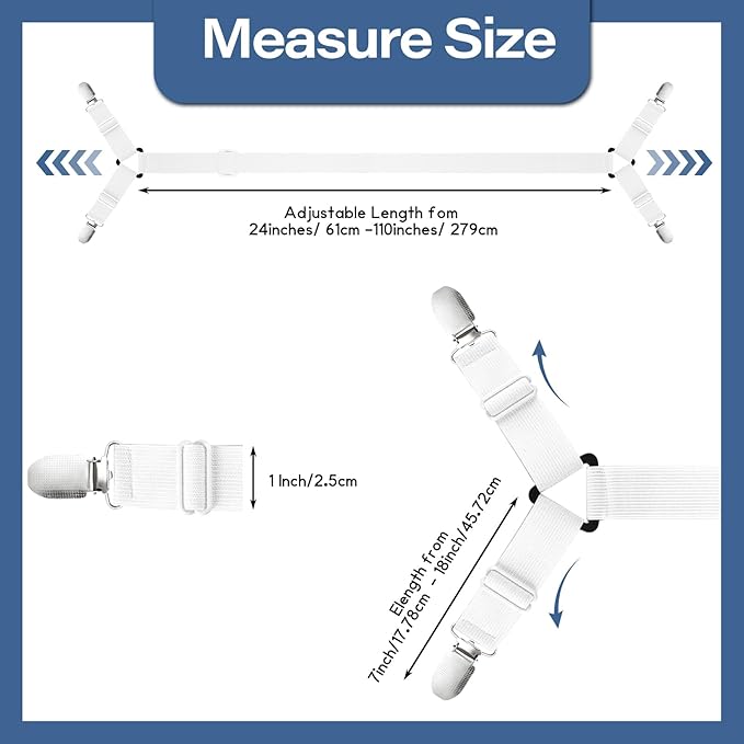 CHRORINE Bed Sheet Holder Straps Adjustable Sheet Fasteners Clips Keep Bedding Stays in Place, 2 Pcs/Set, White