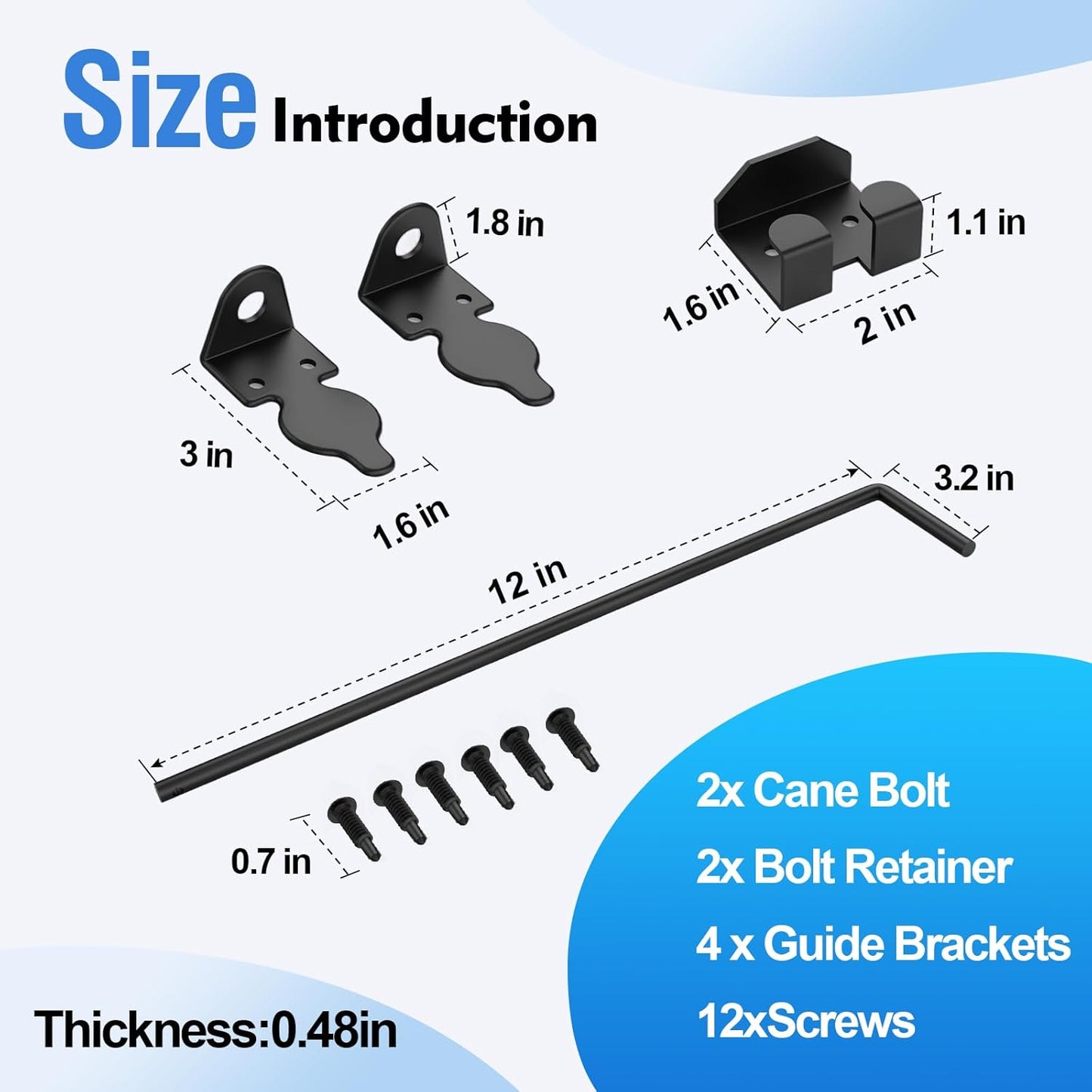 12" Cane Bolt Heavy-Duty Drop Rod for Gate, Heavy Duty Gate Latch for Wooden Fence Metal Gates, Vinyl Fence Gate Land Latch, Floor Latch for Fixing Door to The Ground, Black Coating, 2 Pack