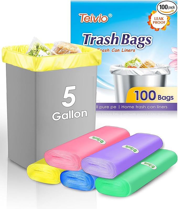 Teivio Colorful Clear Trash Bags 5 Gallon 100 Counts Garbage Bags, Bathroom Trash Can Bin Liners, Small Plastic Bags for home office kitchen, fit 15-18 Liter, 3,3.5,4.5 Gal,Multicolor