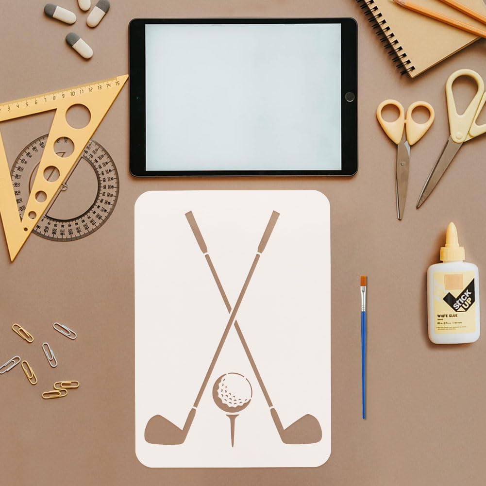 FINGERINSPIRE Golf Balls Stencil with a Paint Brush 11.7x8.3Inch Reusable Golf Clubs Painting Stencil PET Golf Decoration Template Sports Themes Template for Painting on Wood Wall Floor Furniture