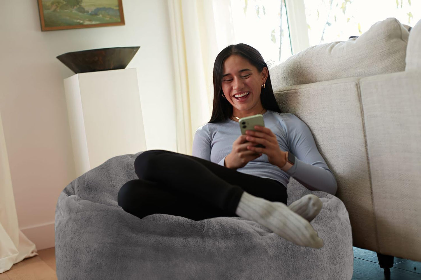 Sofa Sack Bean Bag Chair - Plush, Ultra Soft - Memory Foam Bean Bag Chair with Faux Rabbit Fur Cover - Stuffed Foam Filled Furniture and Accessories for Dorm Room 3 Feet - Gray