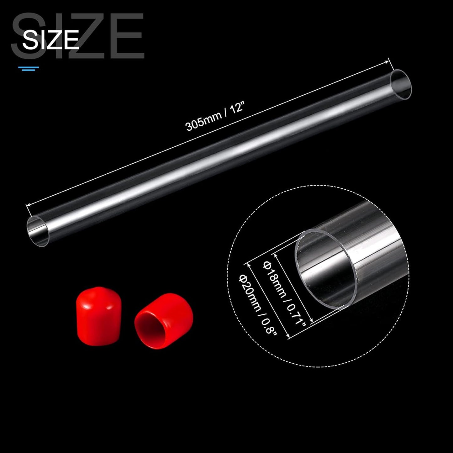 PATIKIL Clear Rigid Tube Round Plastic Tubing with Red Rubber Caps Polycarbonate Water Pipe, 305mm/ 12 Inch Length, 18mmx20mm/0.71"x0.8", 2 Set