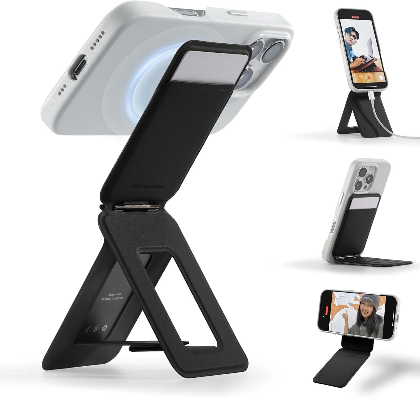 MOFT Phone Tripod Wallet for iPhone, Mulit-Angles, Lightweight & Portable Phone Stand, MOVAS Vegan Leather Magnetic Wallet, Strong Magnets, NFC Card Holder,Travel Essential, Jet Black (With Card Slot)