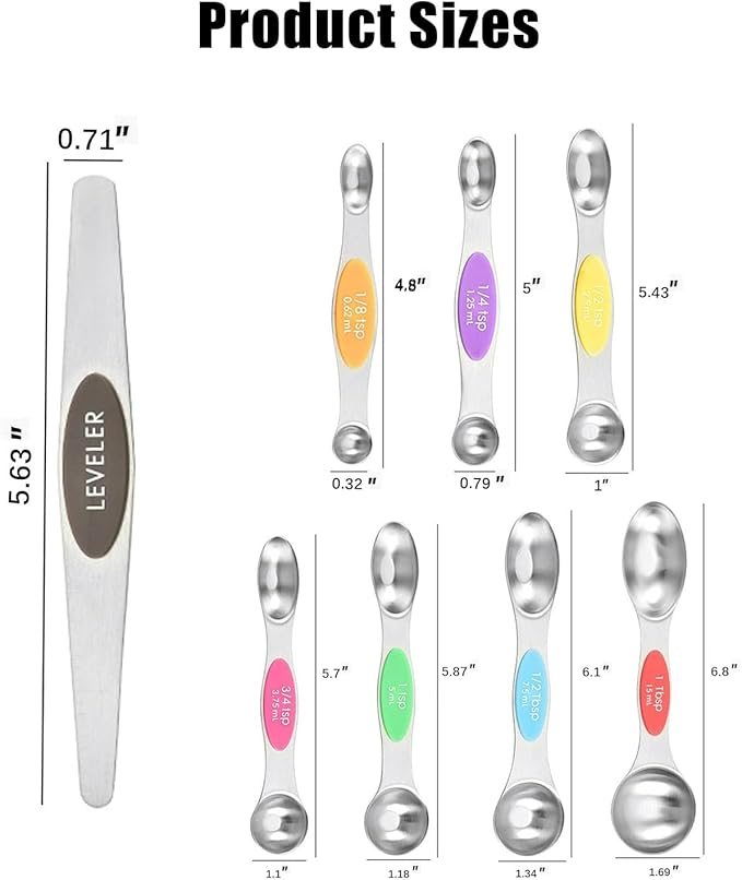 8-Piece Measuring Magnetic Spoons Set with Leveler - Stainless Steel for Measuring Dry and Liquid Ingredients, Double Ended, Stackable & Nested Fits in Kitchen Spice Jars for Baking & Cooking