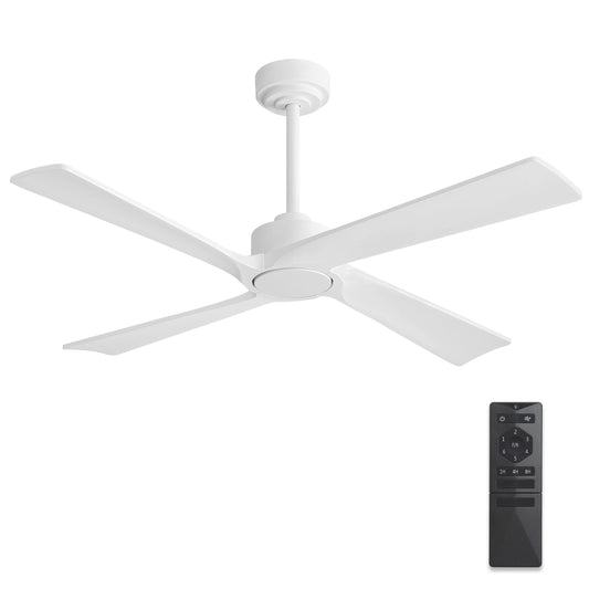 WINGBO 48 Inch DC Ceiling Fan Without Lights, 4 Carved Solid Wood Blades, 6-Speed Reversible DC Motor, Modern Ceiling Fan No Light for Indoor and Outdoor, Gloss White, ETL Listed