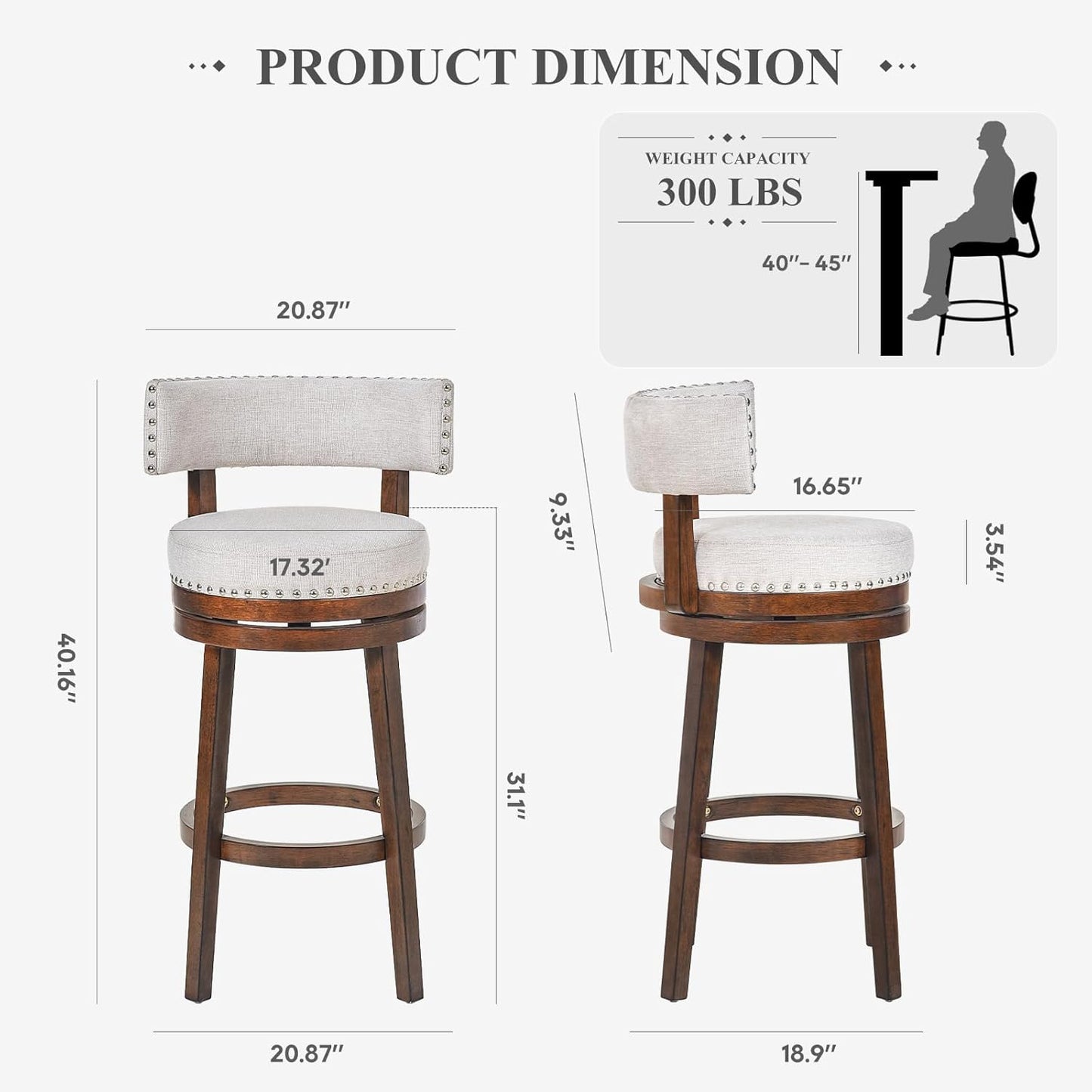 COLAMY Swivel Bar Stool, Swivel Bar Height Bar Stool, Modern Swivel Barstool with Back, Upholstered Wood Barstool for Kitchen Island Dining Room Bar, Beige, FM-4840-30-Beige-F