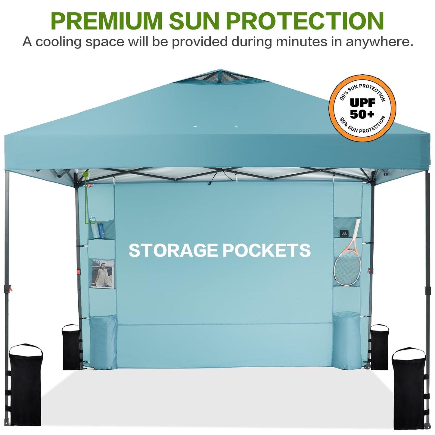 Tunbne 10'x10' Pop Up Canopy Tent with 1 Sidewall and 6 Pockets, One Push Setup, Instant Shade Tent with Vented Roof for Beach Patio Outdoor, Case, 8 Stakes, 4 Ropes, 4 Sandbags (Cyan, 10x10)
