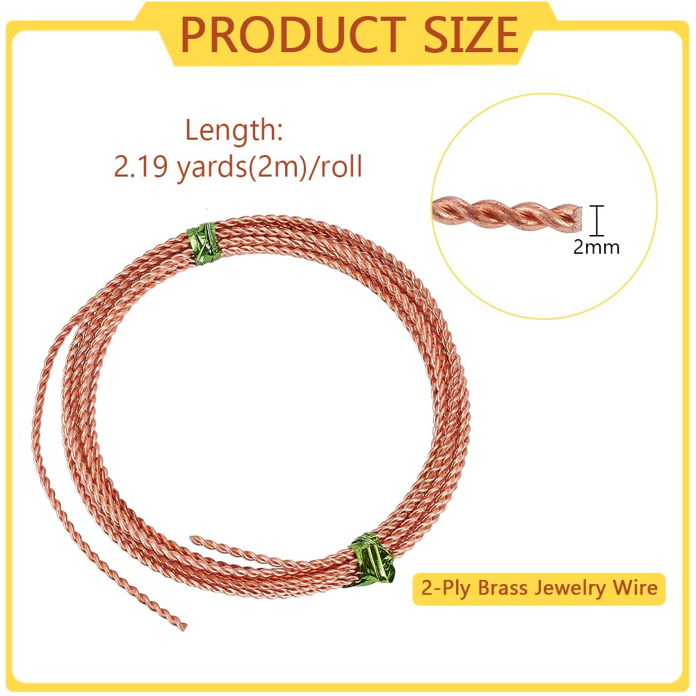 BENECREAT 2 Rolls 13.12Feet Twist Jewelry Wire, 12 Gauge/2mm Copper, 2m/6.6 Feet, 2 Strand Twist, Great for Jewelry Making