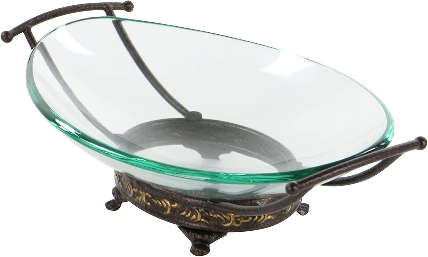 Deco 79 Tempered Glass Kitchen Serving Bowl with Brown Metal Base, 17" x 11" x 5", Clear