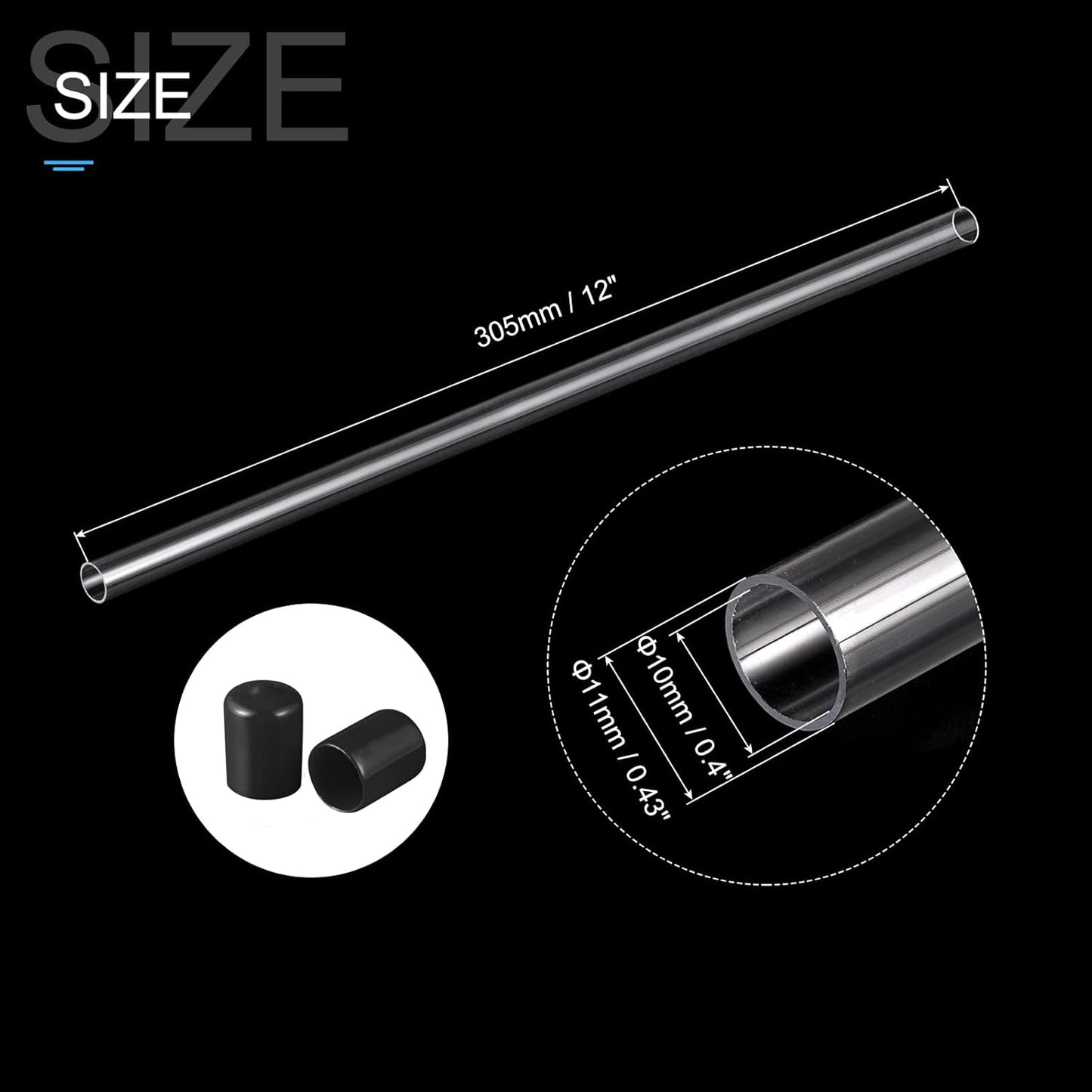 PATIKIL Clear Rigid Tube Round Plastic Tubing with Black Rubber Caps Polycarbonate Water Pipe, 305mm/ 12 Inch Length, 10mmx11mm/0.4"x0.43", 2 Set
