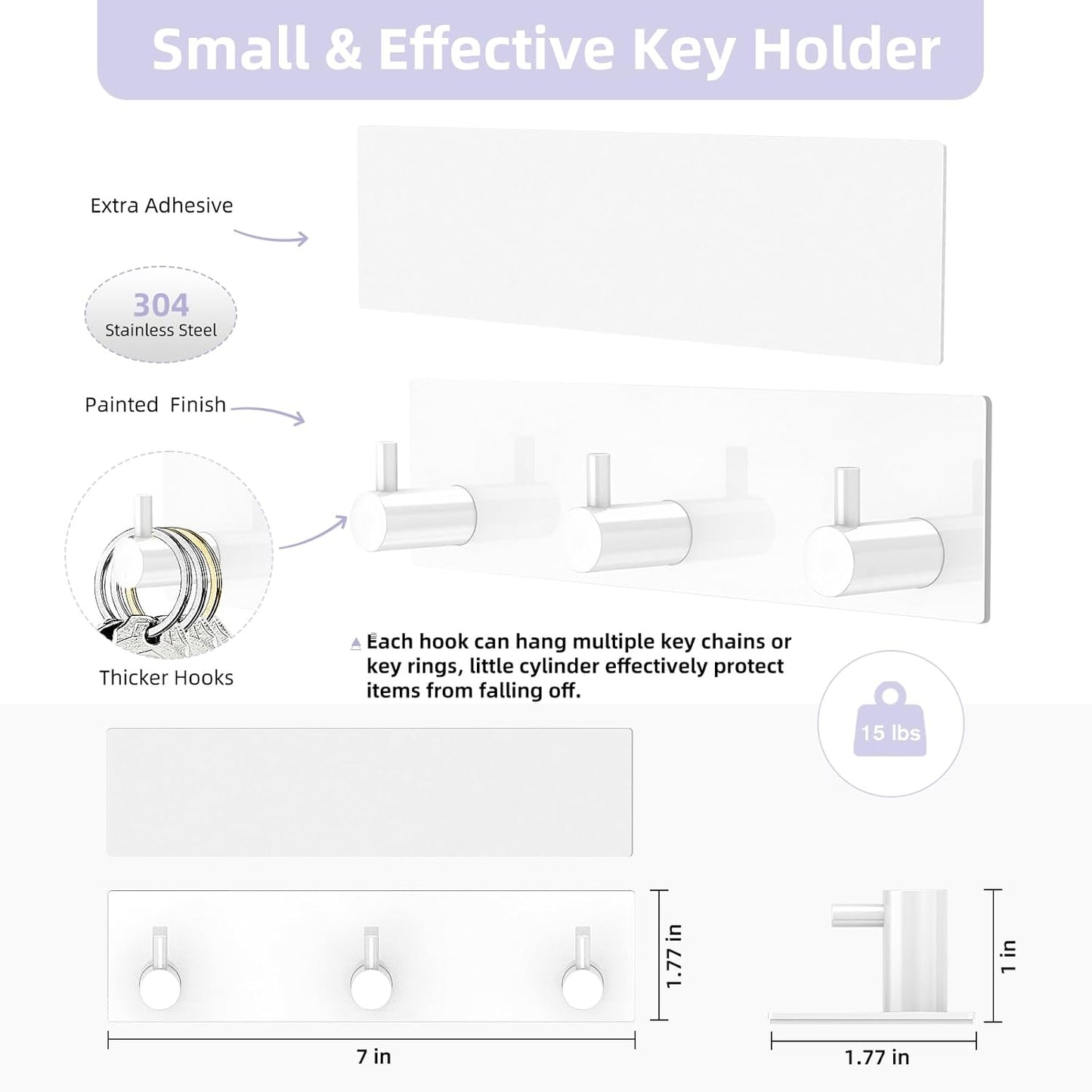VIS'V Key Holder Wall Mount, Small Metal Self Adhesive Key Hanger with 3 Hooks, No Drilling, Extra Adhesive Strip, White