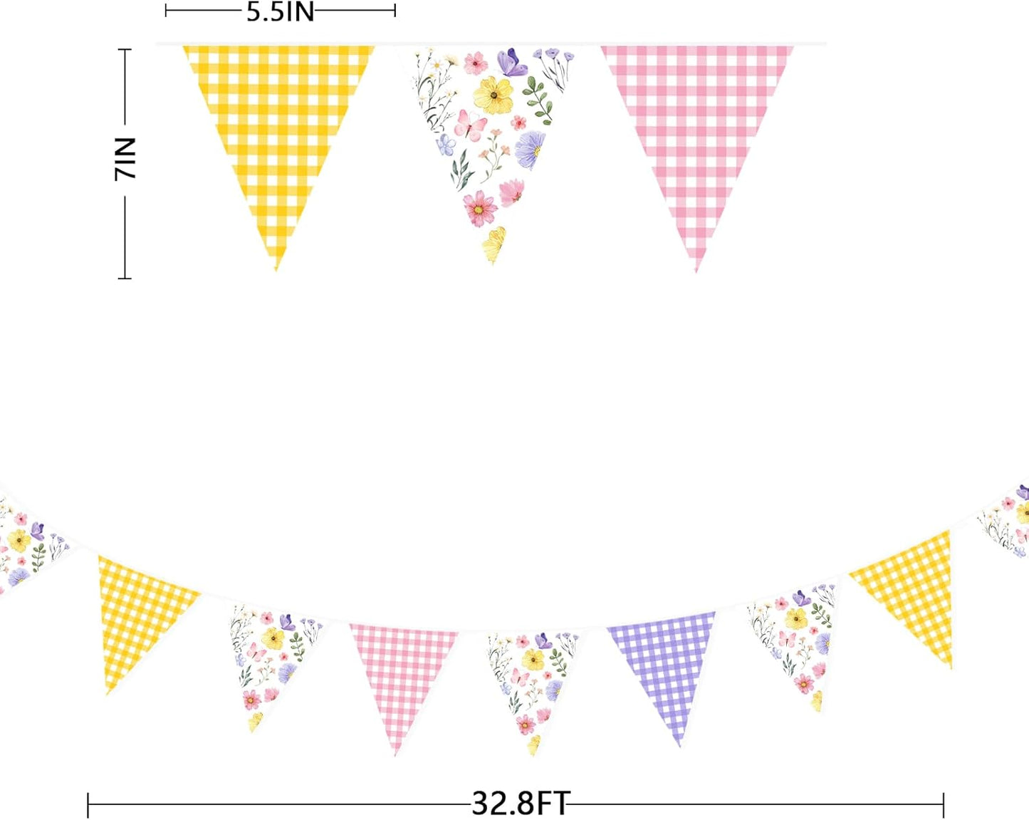32Ft Wildflower Party Decorations Pink Purple Yellow Gingham Plaid Flowers Pennant Floral Banner Fabric Triangle Flag Garland Streamers for Easter Spring Summer Birthday Baby Shower Picnic Party Decor