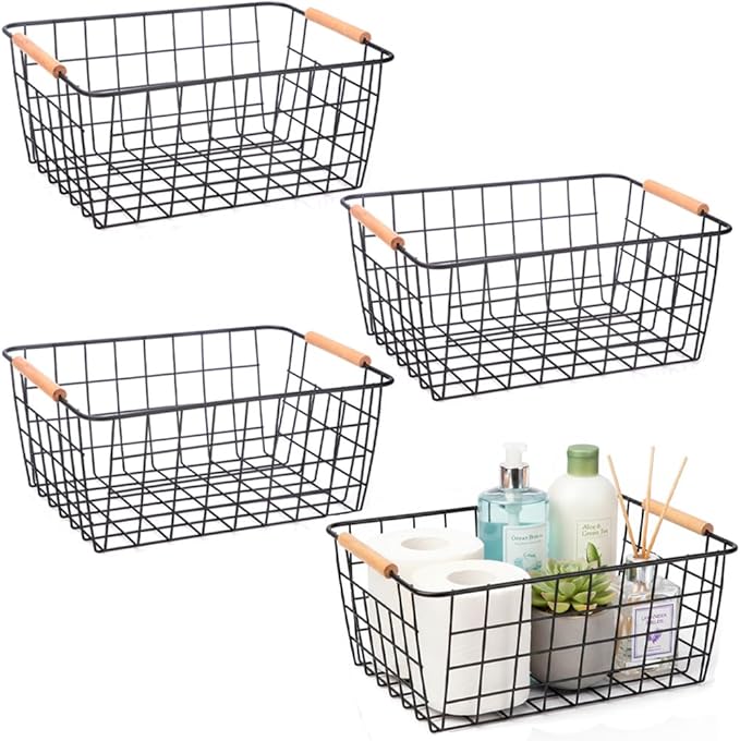 Metal Wire Food Storage Basket Organizer with Wooden Handles for Organizing Kitchen Cabinets, 4 Packs-Black