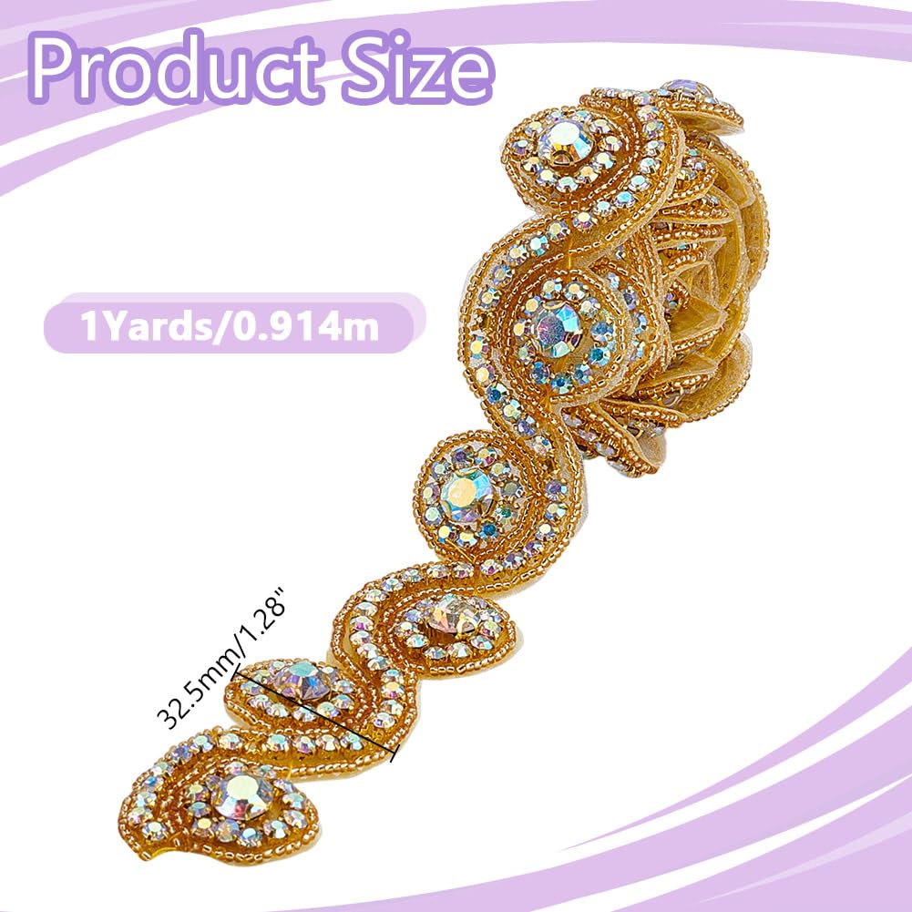 HOBBIESAY 1Yard Golden Rhinestone Applique Trim Hot Fix Ribbon Trim for Woman Wedding Crystal Applique Ribbon for Costume Accessories for Woman Hat Jeans Dress Bag