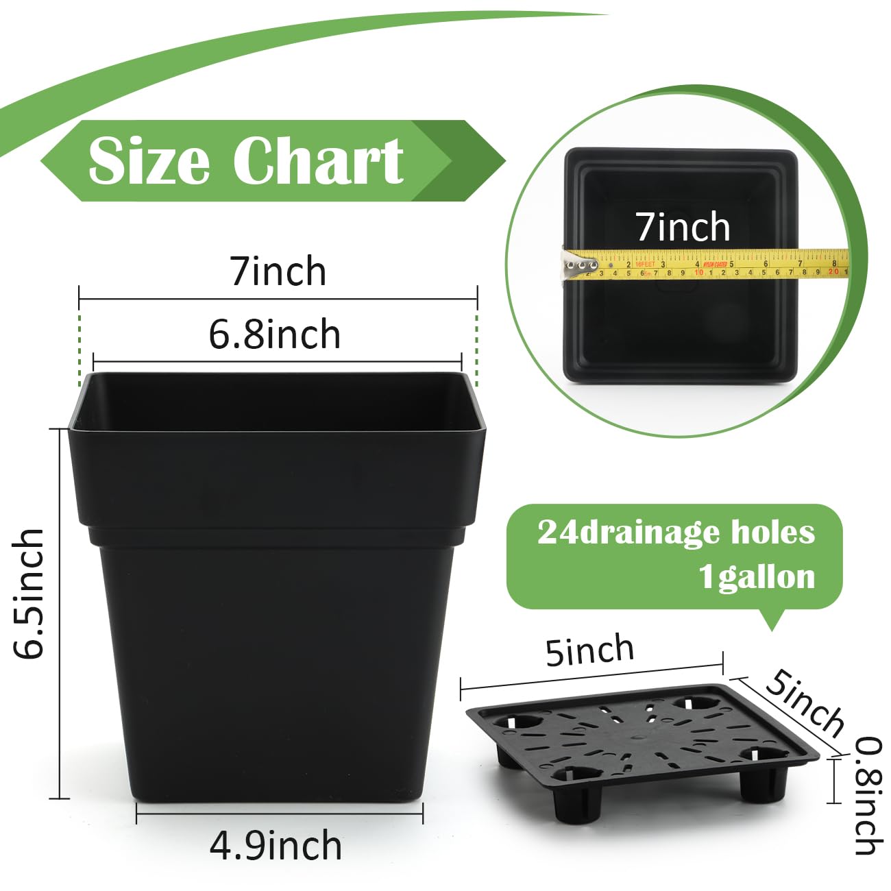 RooTrimmer 6-Pack 7" Square Planters with Built-in Drainage Tray – Heavy-Duty Black Plastic Planter with Drainage Hole and Bottom Stopper, BPA-Free Plant Pots Matte Finish for Indoor Outdoor
